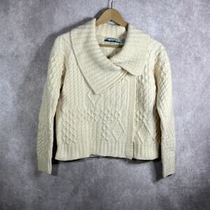 Vintage Aran Crafts Blazer Cardigan Sweater Womens XS Tan Cable Knit Merino Wool